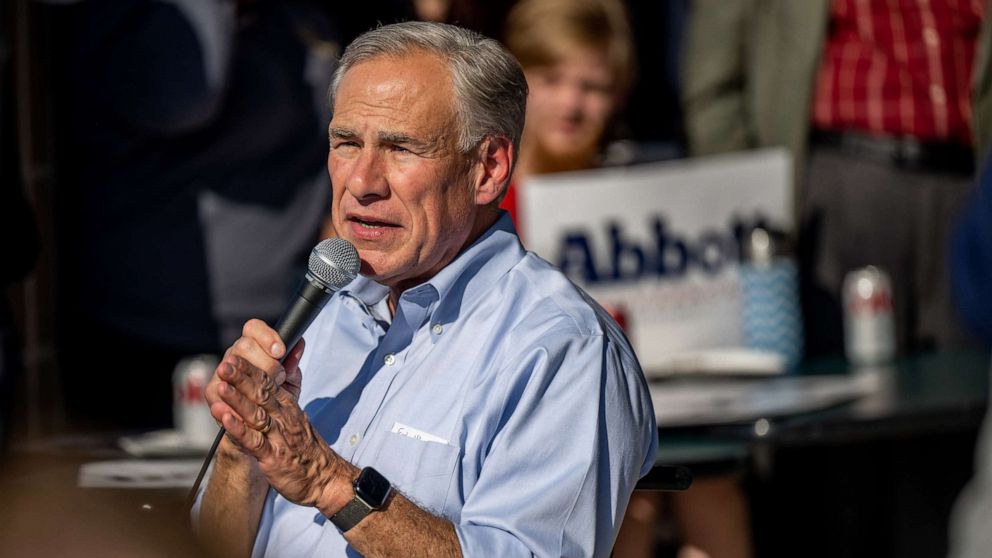 PHOTO: Texas Gov. Greg Abbott speaks during a 'Get Out The Vote' rally on Oct. 27, 2022 in Katy, Texas.