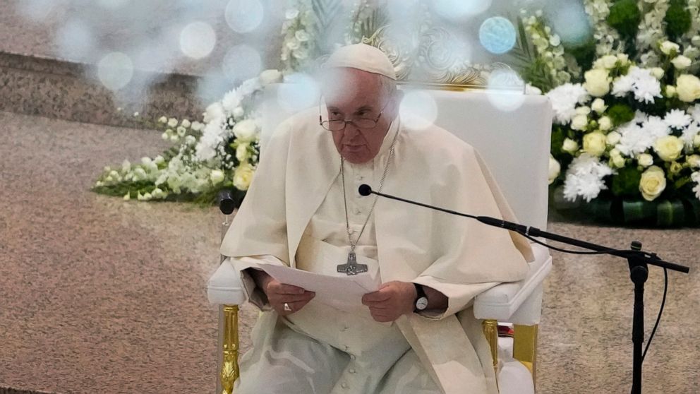 Pope Francis attends a prayer meeting and Angelus with bishops, priests, consecrated people, seminarians and pastoral workers, at the Sacred Heart Church in Manama, Bahrain, Sunday, Nov. 6, 2022. Pope Francis is making the November 3-6 visit to parti