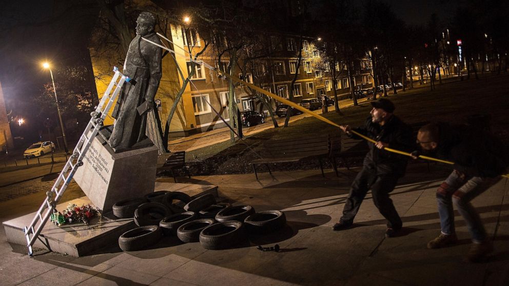 FILE - Activists in Poland pull down a statue of a prominent deceased priest, Father Henryk Jankowski, who allegedly abused minors sexually, in Gdansk, Poland, Feb. 21, 2019. The Gdansk district court on Monday, Nov. 7, 2022, acquitted three men who 