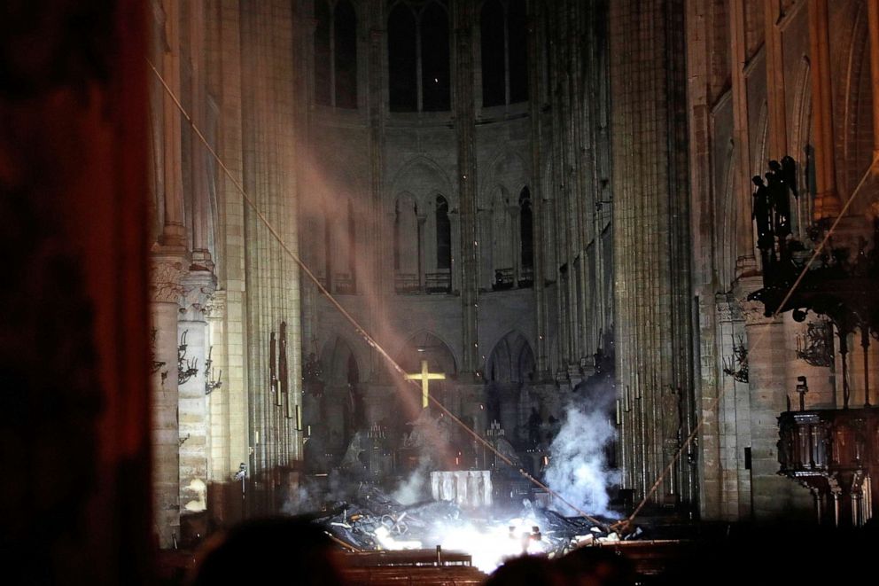  Smoke is seen in the interior of Notre Dame cathedral in Paris, April 15, 2019.