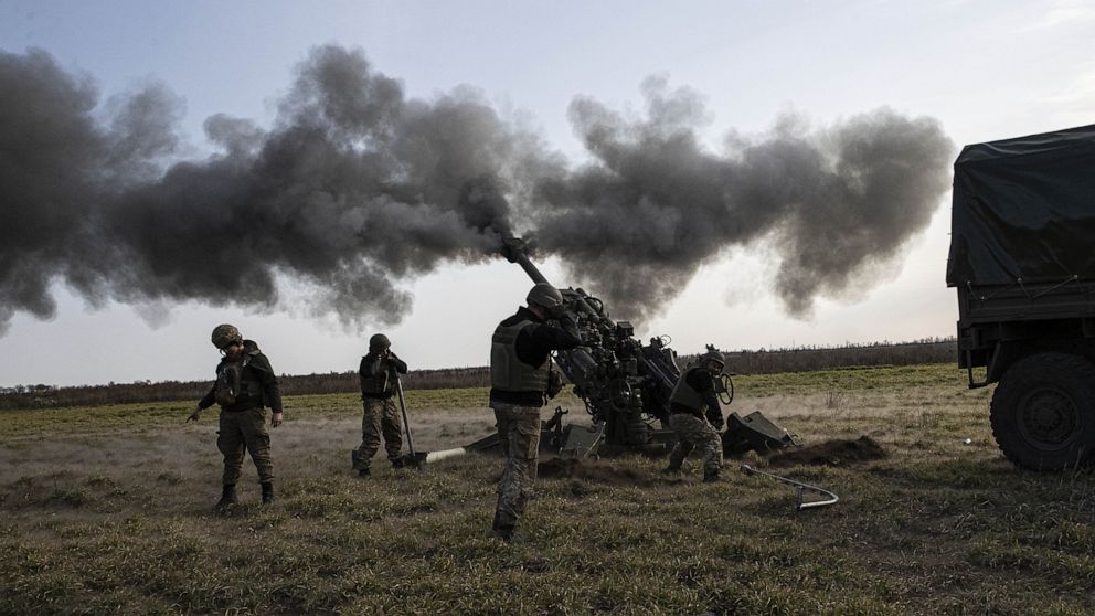 PHOTO: A howitzer, belonging to Ukrainian artillery battery attached to the 59th Mechanized Brigade, shoots-off to target the points controlled by Russian troops in Kherson Oblast, Ukraine on Nov. 05, 2022. 