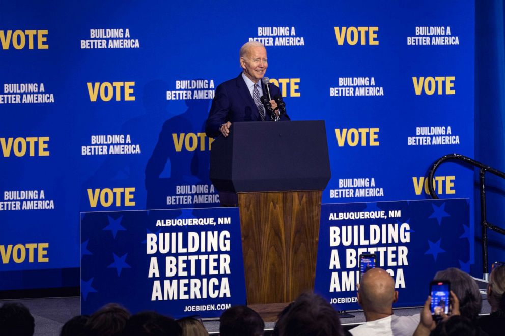PHOTO: President Joe Biden speaks during a New Mexico Democrats rally highlighting his Build A Better America innitiative, in Albuquerque, N.M., on Nov. 3, 2022. 