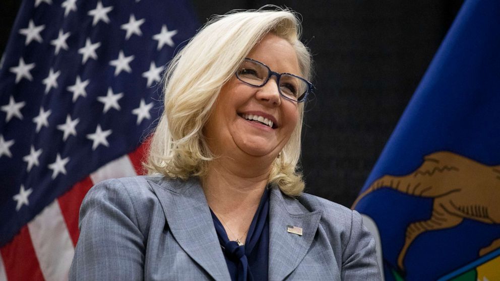 PHOTO: Rep. Liz Cheney campaigns with Democratic Rep. Elissa Slotkin at an Evening for Patriotism and Bipartisanship event on Nov. 1, 2022, in East Lansing, Mich.
