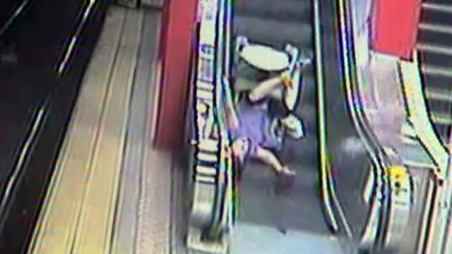 Old Lady Falls Down Escalator