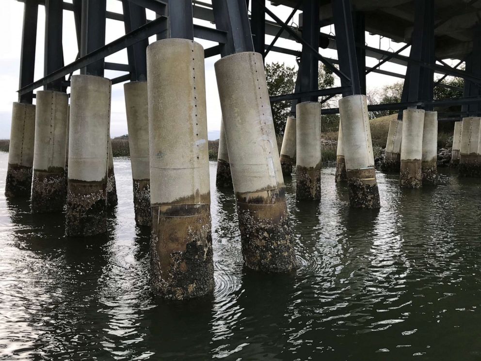 PHOTO: The pylons under the bridge the boat hit on Feb. 23, 2019. 