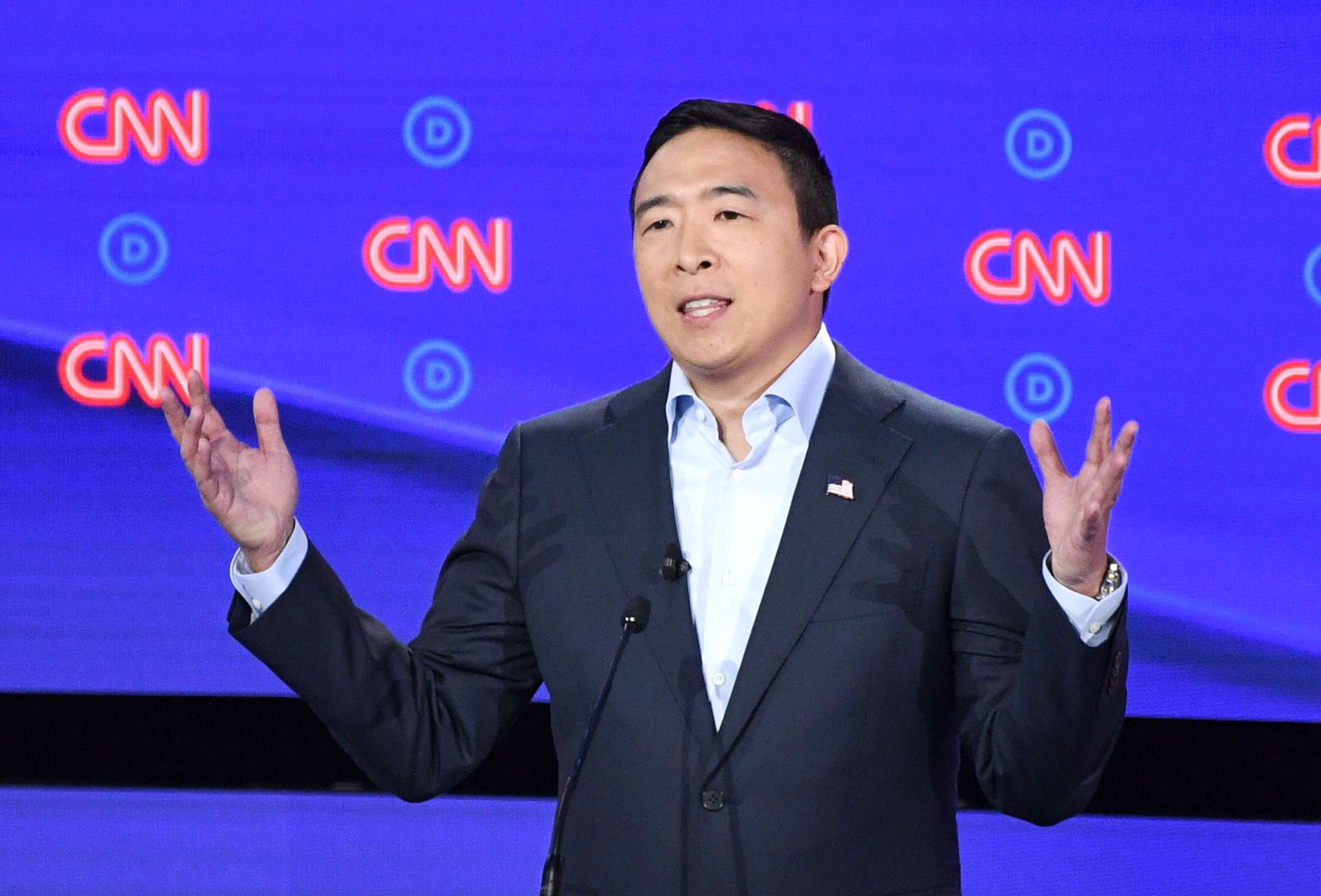 PHOTO: Democratic presidential hopeful entrepreneur Andrew Yang delivers his opening statement during the second round of the second Democratic primary debate in Detroit, July 31, 2019.