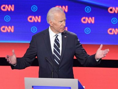 PHOTO: Democratic presidential hopefuls former Vice President Joe Biden and Sen. Kamala Harris speak during the second round of the second Democratic primary debate in Detroit, July 31, 2019.