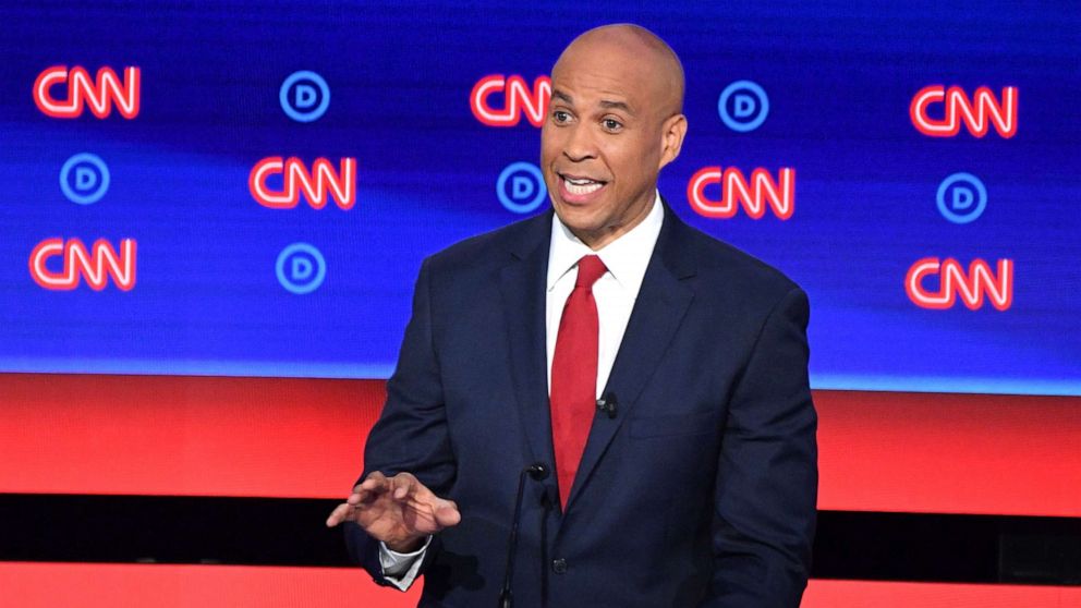 PHOTO: Democratic presidential hopeful Sen. Cory Booker delivers his opening statement during the second round of the second Democratic primary debate in Detroit, July 31, 2019.