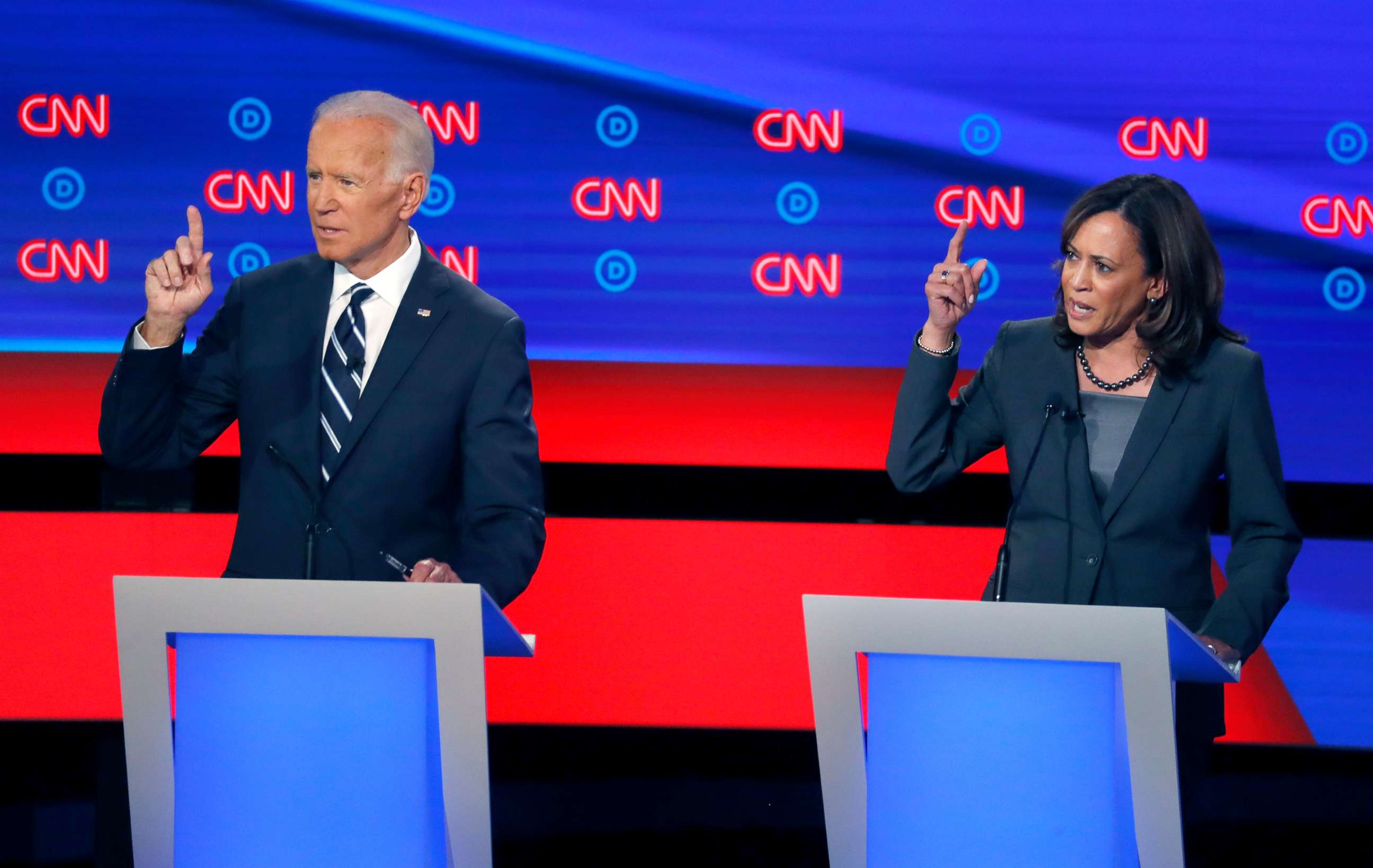 PHOTO: Former Vice President Joe Biden and Sen. Kamala Harris, D-Calif., participate in the second of two Democratic presidential primary debates, July 31, 2019, in Detroit. 