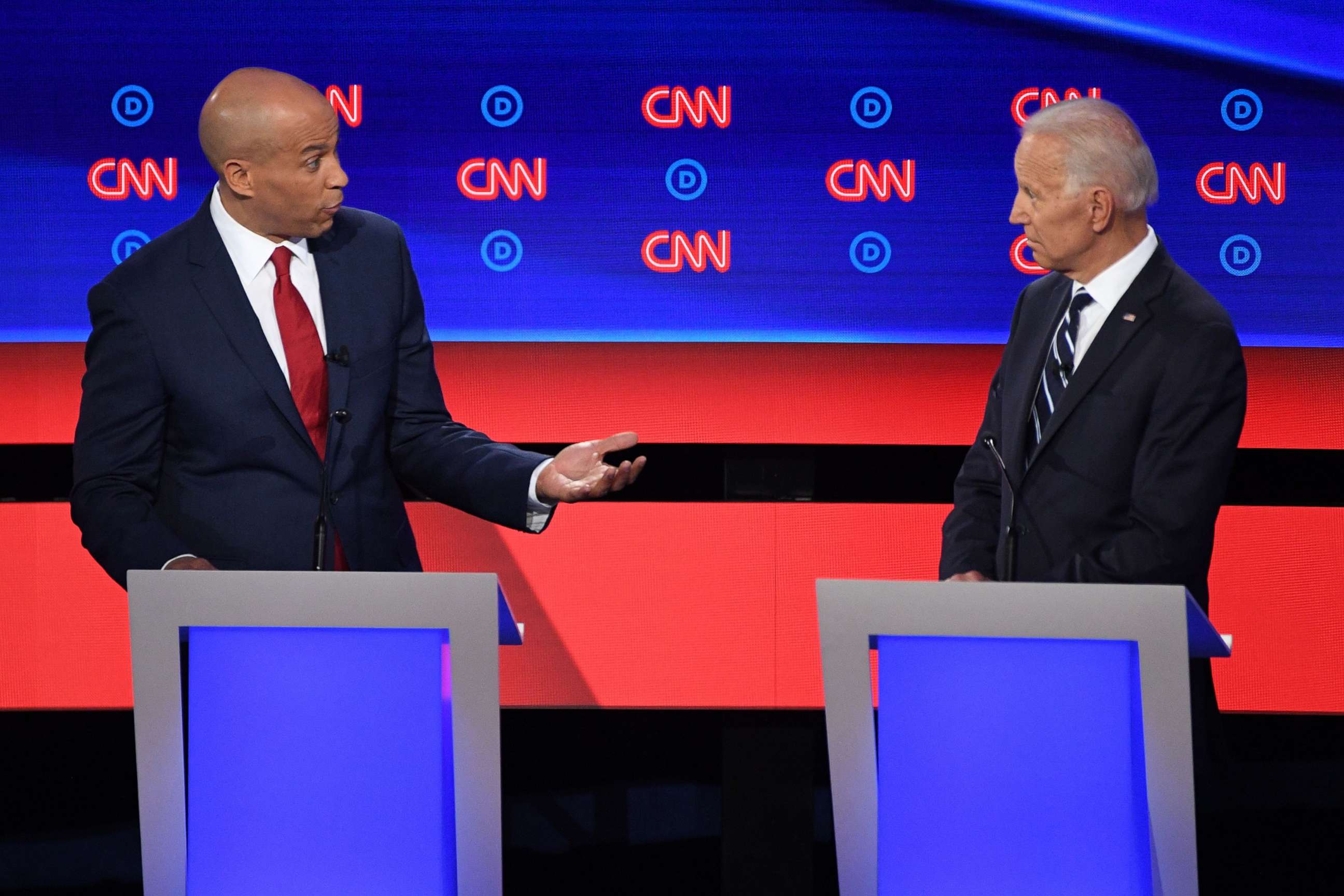 PHOTO: Sen. Cory Booker and former Vice President speak during the second round of the second Democratic primary debate in Detroit, July 31, 2019. 