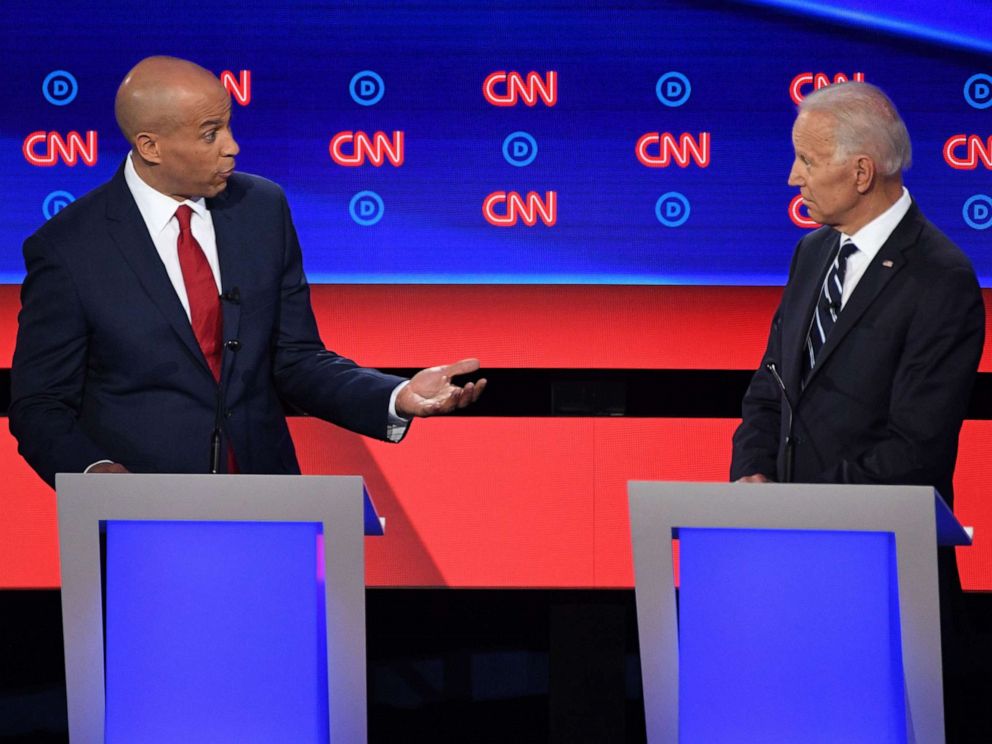PHOTO: Sen. Cory Booker and former Vice President speak during the second round of the second Democratic primary debate in Detroit, July 31, 2019.