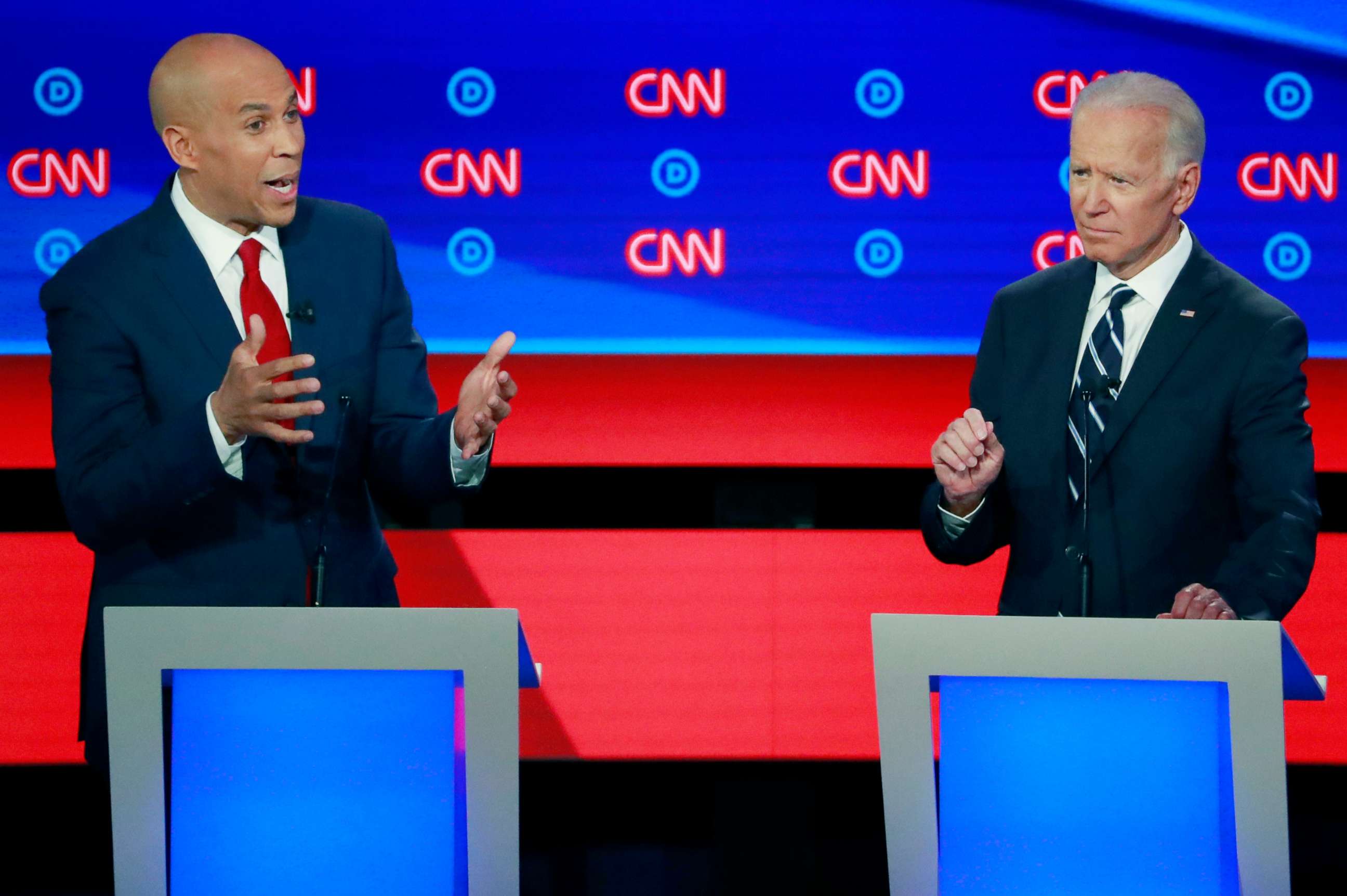 PHOTO: Sen. Cory Booker speaks as former Vice President Joe Biden gestures on the second night of the second 2020 Democratic presidential debate in Detroit, July 31, 2019.