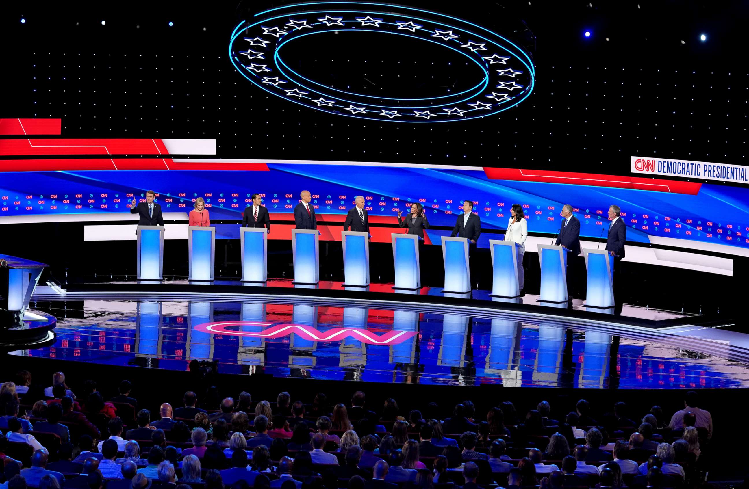 PHOTO: Democratic presidential candidates at the Democratic Presidential Debate, July 31, 2019, in Detroit.  