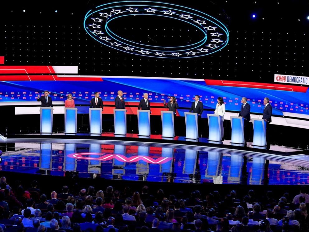 PHOTO: Democratic presidential candidates at the Democratic Presidential Debate, July 31, 2019, in Detroit.