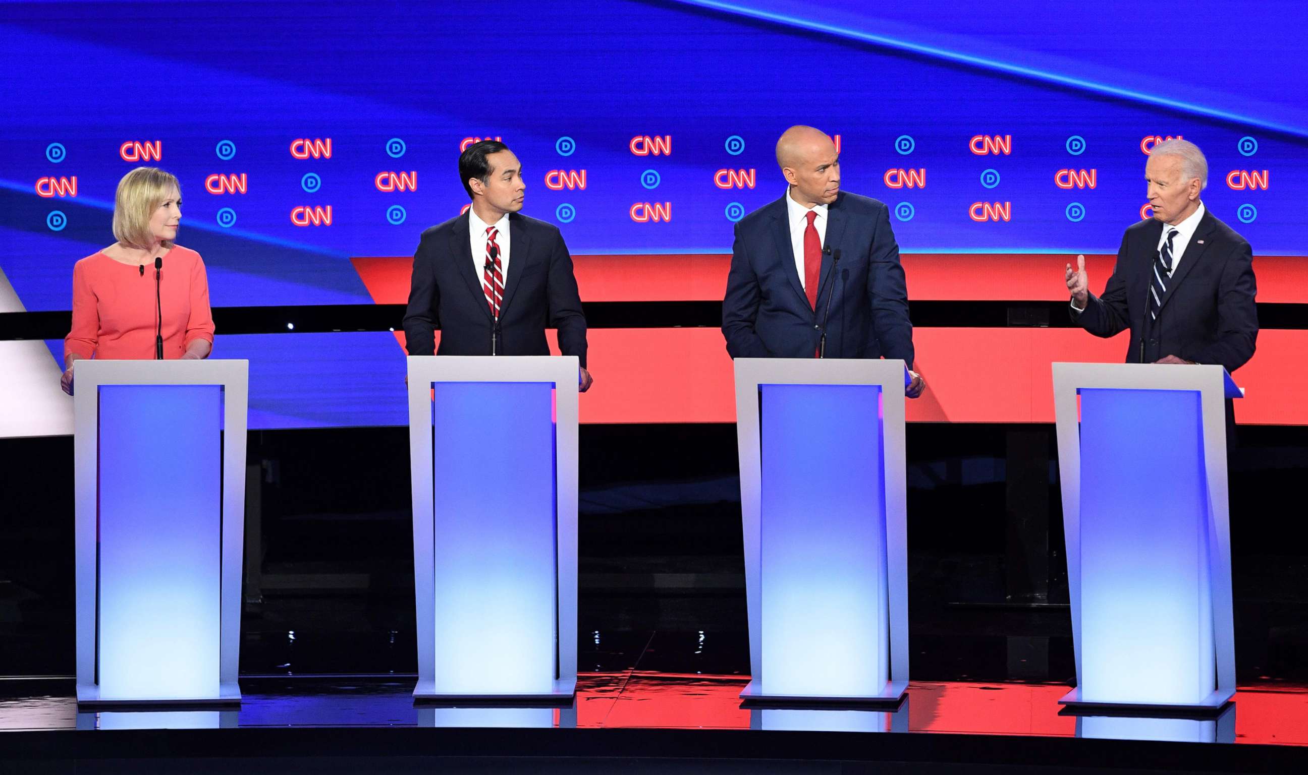 PHOTO: Democratic presidential hopefuls Sen. Kirsten Gillibrand, former Secretary of Housing and Urban Development Julian Castro, Sen. Cory Booker and former Vice President Joe Biden speak during the second  primary debate in Detroit, July 31, 2019.