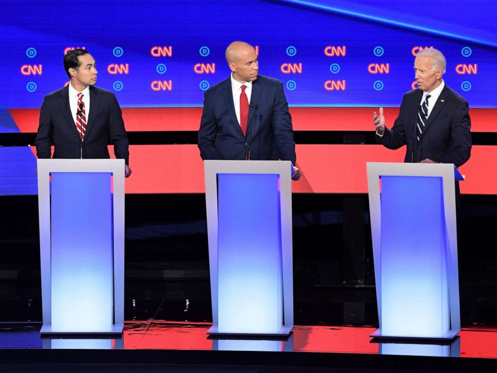 PHOTO: Democratic presidential hopefuls Sen. Kirsten Gillibrand, former Secretary of Housing and Urban Development Julian Castro, Sen. Cory Booker and former Vice President Joe Biden speak during the second primary debate in Detroit, July 31, 2019.