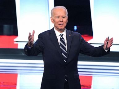 PHOTO: Democratic presidential hopeful former Vice President Joe Biden gestures after the second round of the second Democratic primary debate of the 2020 presidential campaign in Detroit, July 31, 2019.