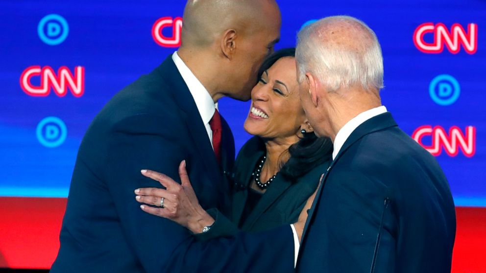 PHOTO: Sen. Cory Booker, former Vice President Joe Biden and Sen. Kamala Harris, D-Calif., talk after the second of two Democratic presidential primary debates, July 31, 2019, in Detroit.