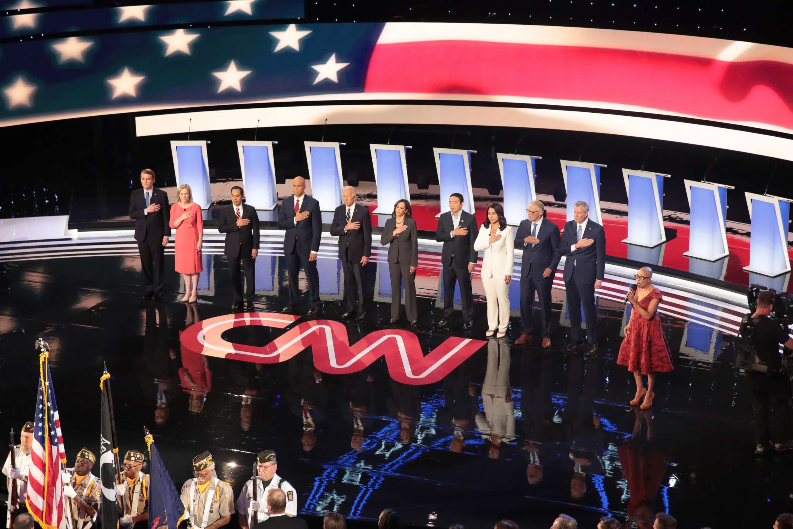 PHOTO: Democratic presidential candidates take the stage at the Democratic Presidential Debate, July 31, 2019, in Detroit.