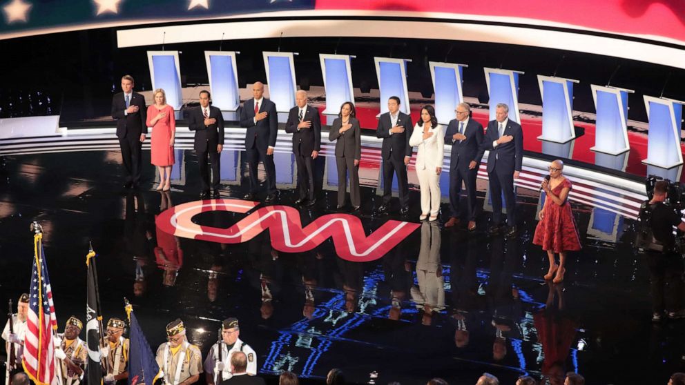 PHOTO: Democratic presidential candidates take the stage at the Democratic Presidential Debate, July 31, 2019, in Detroit.