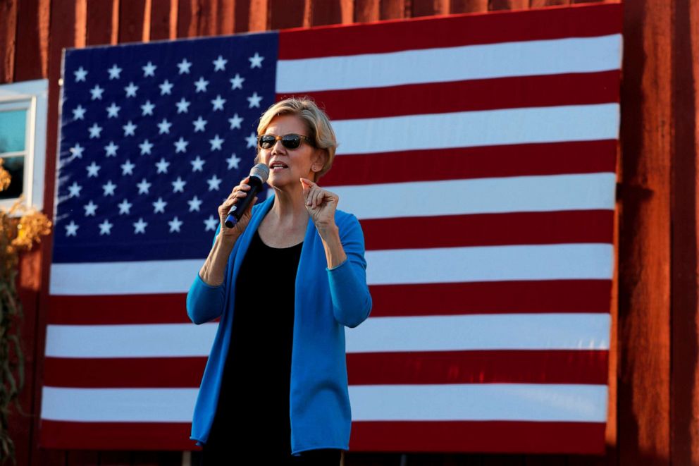 PHOTO: Democratic 2020 U.S. presidential candidate and Sen. Elizabeth Warren speaks at a campaign stop in Hollis, New Hampshire, Sept. 27, 2019.