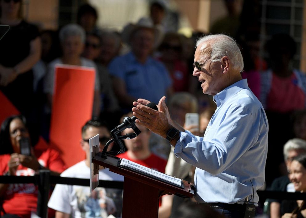 PHOTO: Democratic presidential candidate and former U.S. Vice President Joe Biden speaks to voters at the East Las Vegas Community Center, Sept. 27, 2019, in Las Vegas.