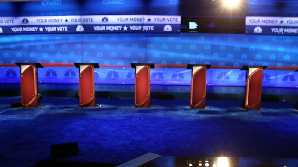 The stage is prepared for the CNBC Republican presidential debate at the University of Colorado October 27, 2015, in Boulder, Colo.