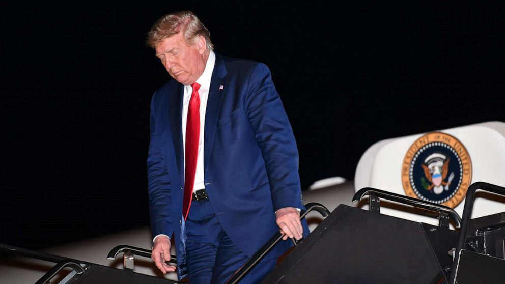 PHOTO: President Donald Trump steps off Air Force One upon arrival at McCarran International Airport in Las Vegas, Oct. 17, 2020.