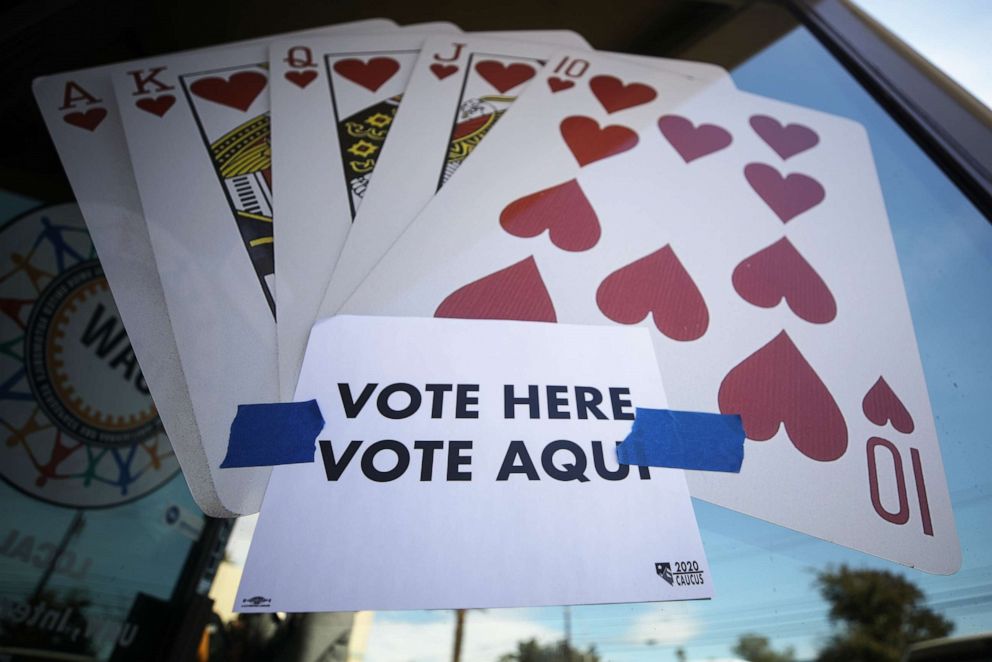 PHOTO: A 'Vote Here' sign is posted on the final day of early voting for the upcoming Nevada Democratic presidential caucus on February 18, 2020 in Las Vegas, Nevada.