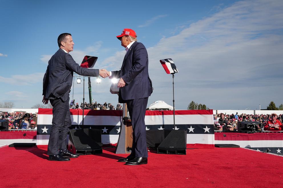 PHOTO: Republican presidential candidate former President Donald Trump greets Ohio Republican candidate for Senate, Bernie Moreno during a rally, Mar. 16, 2024, in Vandalia, Ohio. 