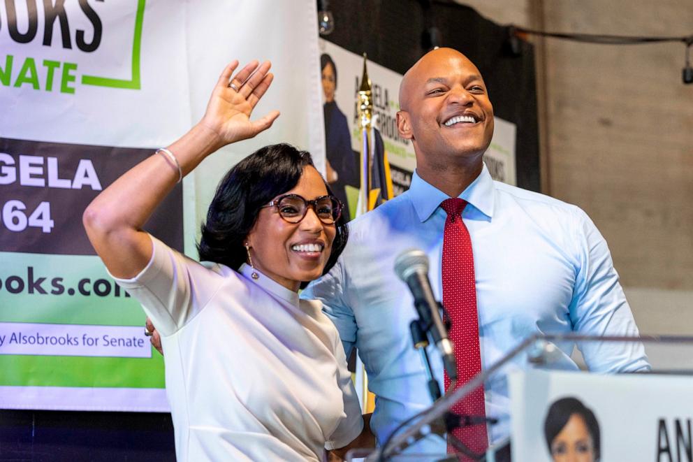 PHOTO: Angela Alsobrooks stands with Gov. Wes Moore during a campaign event for her run for the U.S. Senate in Baltimore, Md., October 23, 2023. 