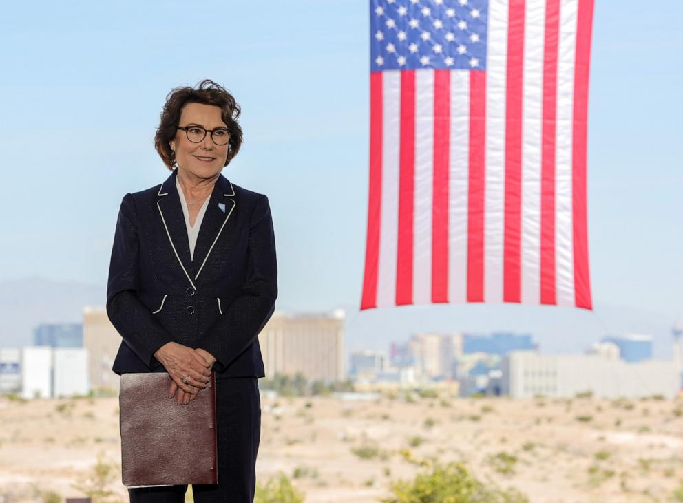 PHOTO: Sen. Jacky Rosen waits to speak during a groundbreaking ceremony at the Brightline West Las Vegas, April 22, 2024, in Las Vegas, Nevada. 