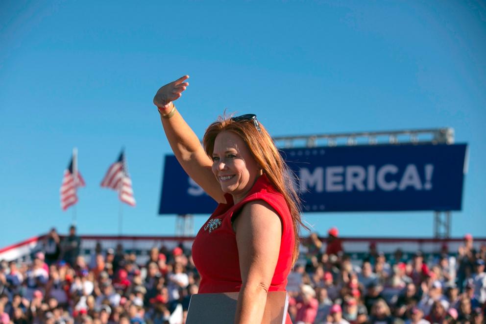 PHOTO: Congressional candidate Sandy Smith is seen during a Save America rally for former President Donald Trump at the Aero Center Wilmington, Sept. 23, 2022, in Wilmington, North Carolina.