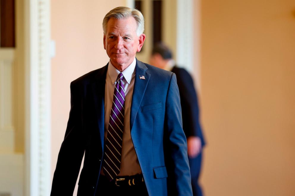 PHOTO: Sen. Tommy Tuberville (R-AL) walks to a vote in the Senate Chambers at the U.S. Capitol on Feb. 7, 2024 in Washington, DC.