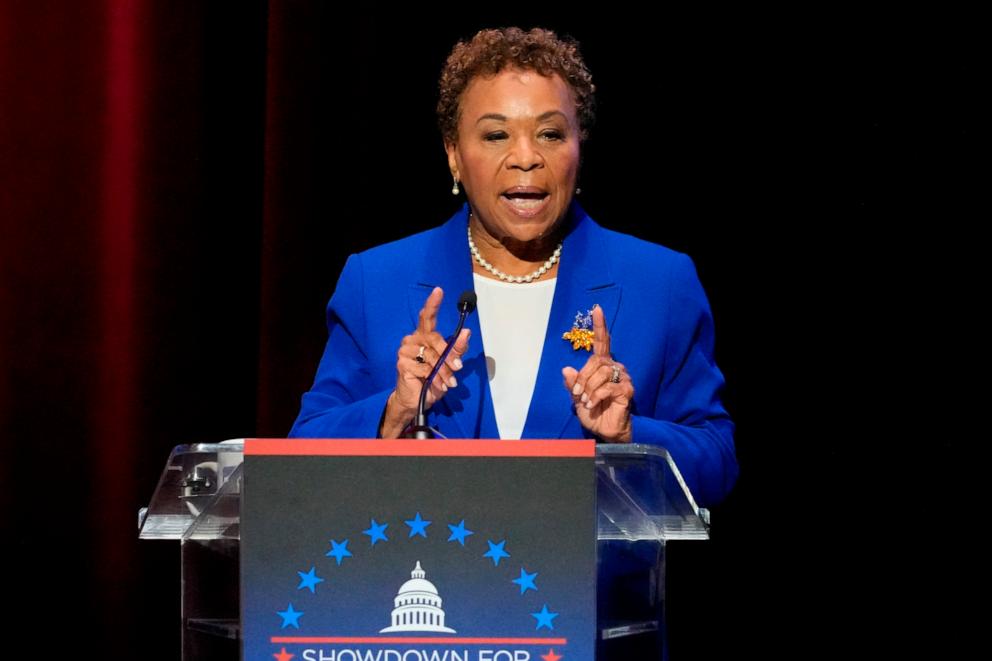 PHOTO: Rep. Barbara Lee, D-Calif., speaks during a televised debate for candidates in the senate race, Jan. 22, 2024, in Los Angeles.