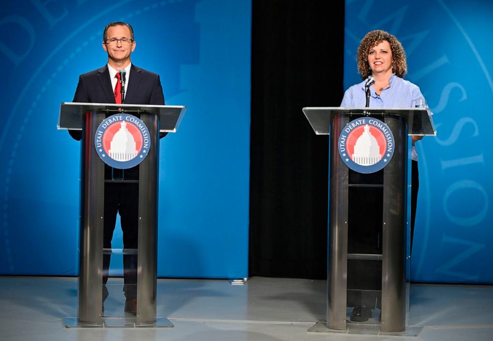 PHOTO: Rep. Celeste Maloy and Colby Jenkins look on during Utah's 2nd Congressional district debate, June 10, 2024, in Salt Lake City. 