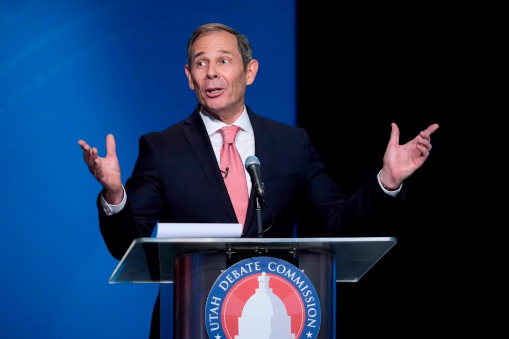 PHOTO: John Curtis speaks during the Utah Senate primary debate for Republican contenders battling to win the seat of retiring U.S. Sen. Mitt Romney, June 10, 2024, in Salt Lake City. 