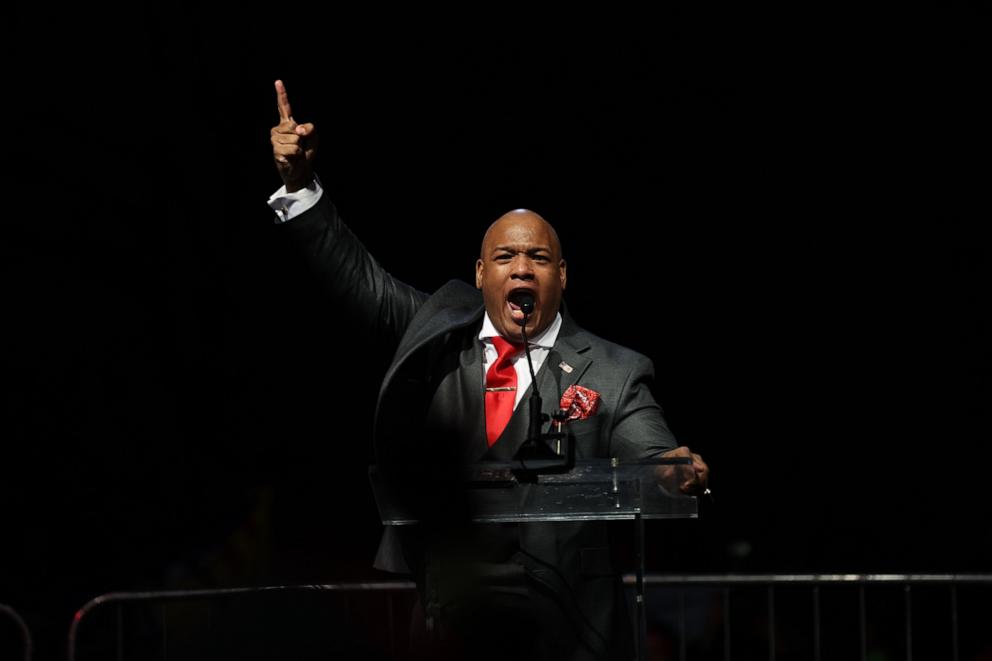 PHOTO: Televangelist pastor Mark Burns gives a speech to former President Donald Trump supporters before the Congress count the Electoral College votes in Washington D.C., on Jan. 05, 2021. 