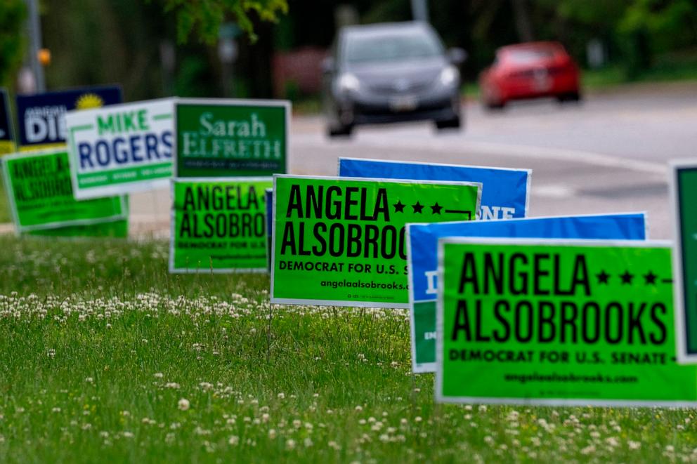 PHOTO: Political placards line the street outside a polling location for the 2024 Maryland Primary election in Annapolis, Md., May 14, 2024. 