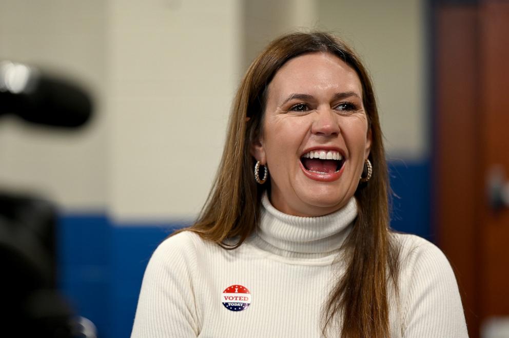 PHOTO: Arkansas Governor Sarah Huckabee Sanders reacts to reporters after casting her vote on Super Tuesday at Dunbar Recreation Center, on March 5, 2024, in Little Rock, Arkansas.