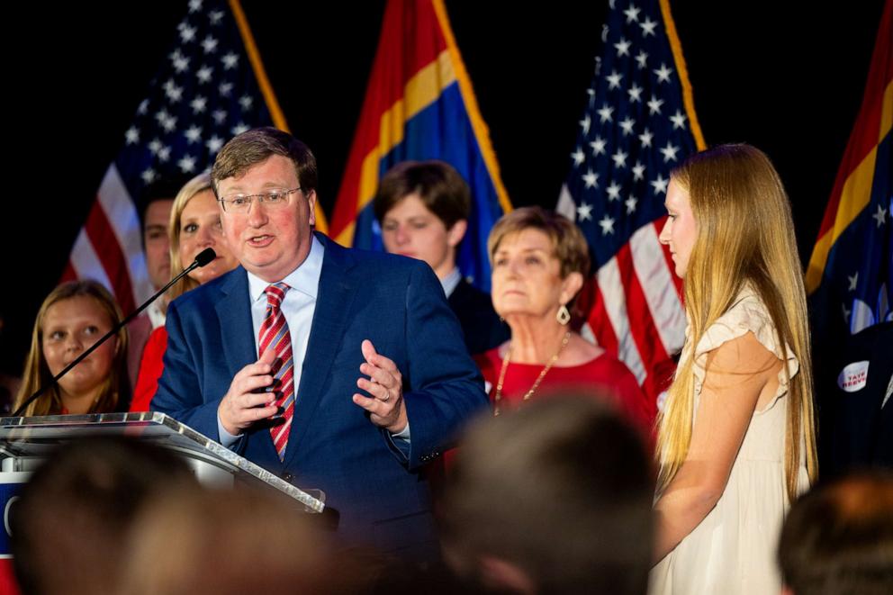 PHOTO: Mississippi incumbent Republican Gov. Tate Reeves and his family speak to supporters during an election night watch party at The Refuge Hotel & Conference Center on Nov. 07, 2023 in Flowood, Miss.