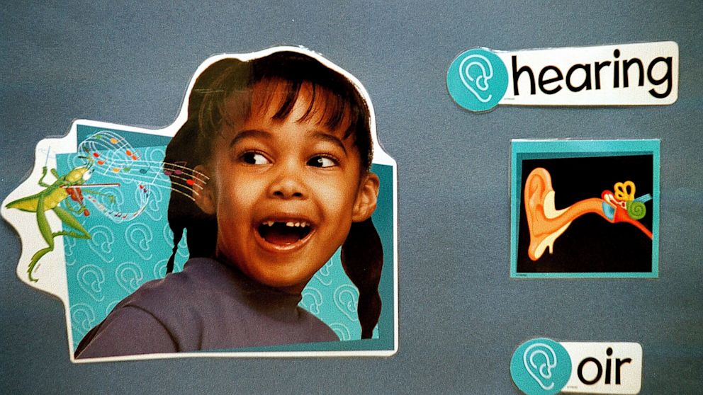 A bilingual poster on the wall of a first grade classroom translates the Spanish word, "oir" into "hearing" with examples of an ear and a child listening to music at Birdwell Elementary School, September 11, 2003 in Tyler, Texas.