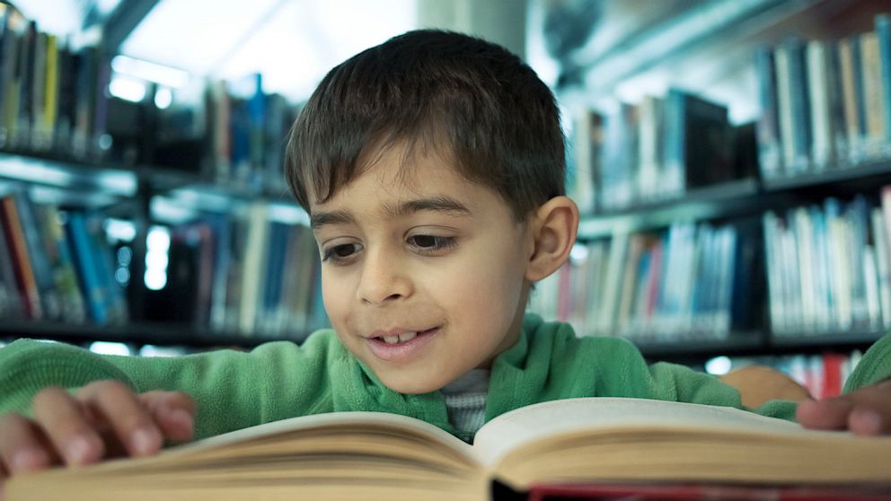 Boy reads book in public library