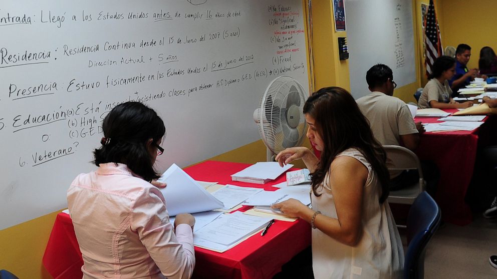 Young people receive assistance filling out forms at the office of the Coalition for Humane Immigrant Rights of Los Angeles (CHIRLA) on August 15, 2012 in Los Angeles, California, on the first day of the Deferred Action for Childhood Arrivals (DACA) program. 