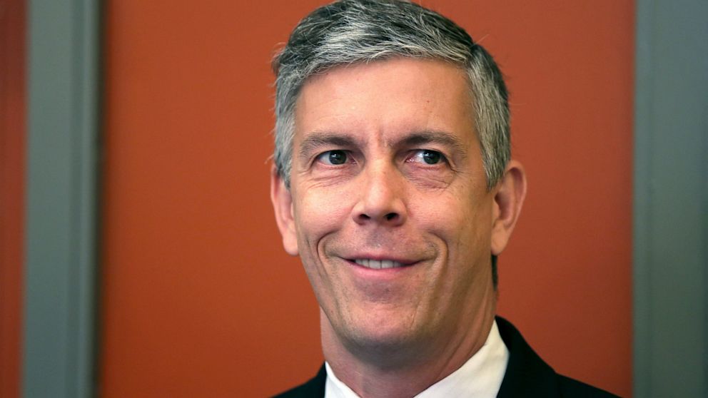 PHOTO: U.S. Education Secretary Arne Duncan waits to be introduced prior to speaking to students at School Without Walls August 27, 2013 in Washington, DC. Duncan later appeared on The Colbert Report on September 17, 2013. 