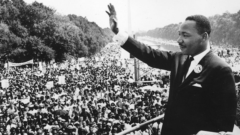 Black American civil rights leader Martin Luther King addresses crowds during the March On Washington at the Lincoln Memorial, Washington DC, where he gave his 'I Have A Dream' speech.   