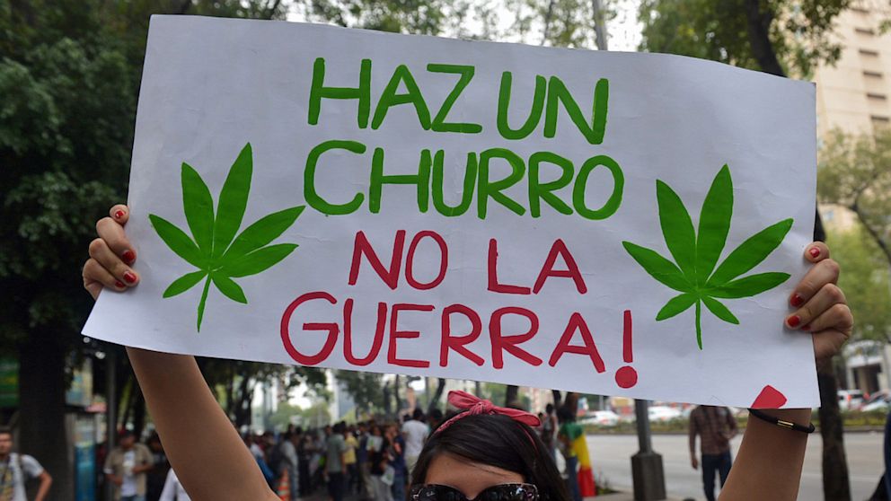 A woman holds a baner reading "Make a joint, not war" during a demo in support of the legalization of marijuana, in Mexico City. 