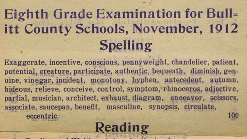 Copy of eight grade exam for Bullitt County schools in 1912.