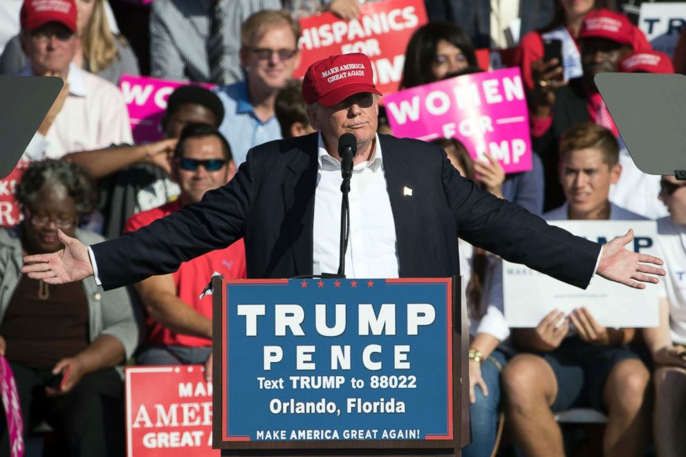 PHOTO: Republican presidential candidate Donald Trump speaks during a campaign stop in Orlando, Fla., Nov. 2, 2016.