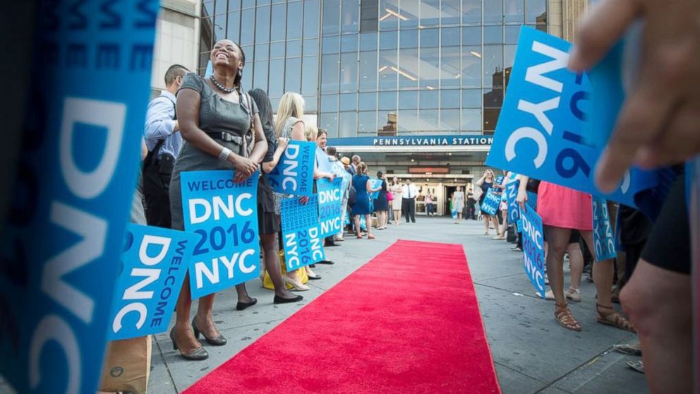 PHOTO: Red carpet laid out for members of Democratic National committee arriving at Penn Station in NYC bid to host Democratic Convention in 2016.